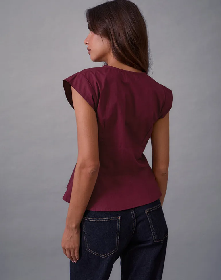 Devlin V Neck Blouse in Poplin Burgundy