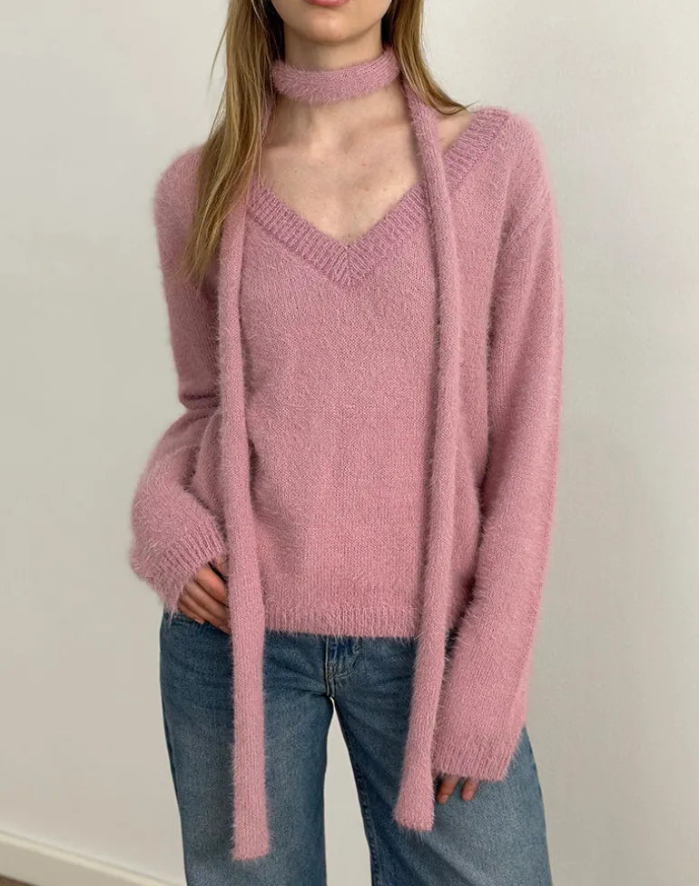 Dikara Jumper with Scarf in Knit Dusty Pink