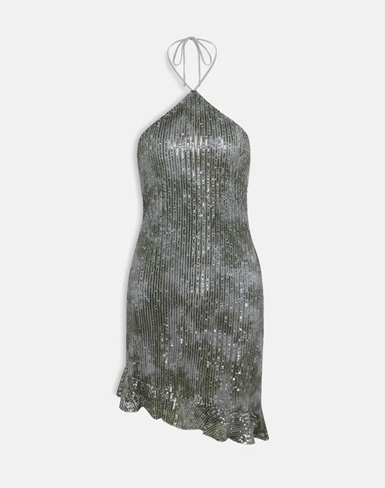 Dikta Asymmetric Mini Dress in Sequin Green Grey