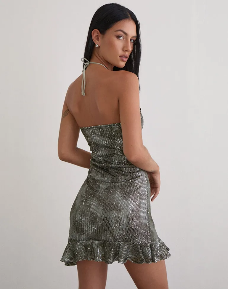 Dikta Asymmetric Mini Dress in Sequin Green Grey