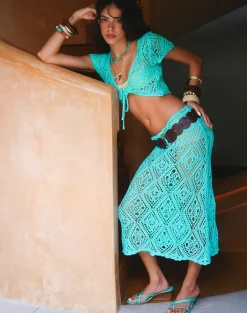 Diora Midi Skirt in Crochet Knit Aqua Sky