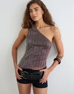 Dirsa One Shoulder Asymmetric Top in Plisse Brown