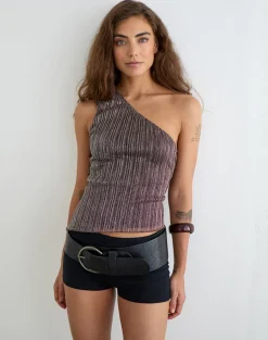 Dirsa One Shoulder Asymmetric Top in Plisse Brown