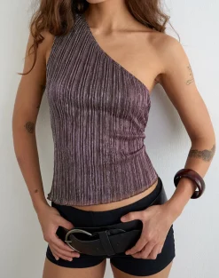 Dirsa One Shoulder Asymmetric Top in Plisse Brown