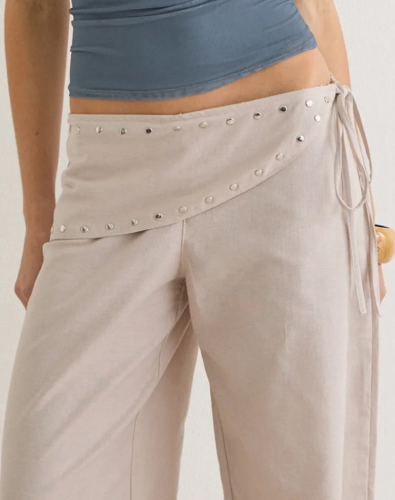 Doka Trouser in Stone Linen with Studs Trim
