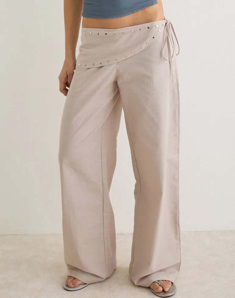Doka Trouser in Stone Linen with Studs Trim