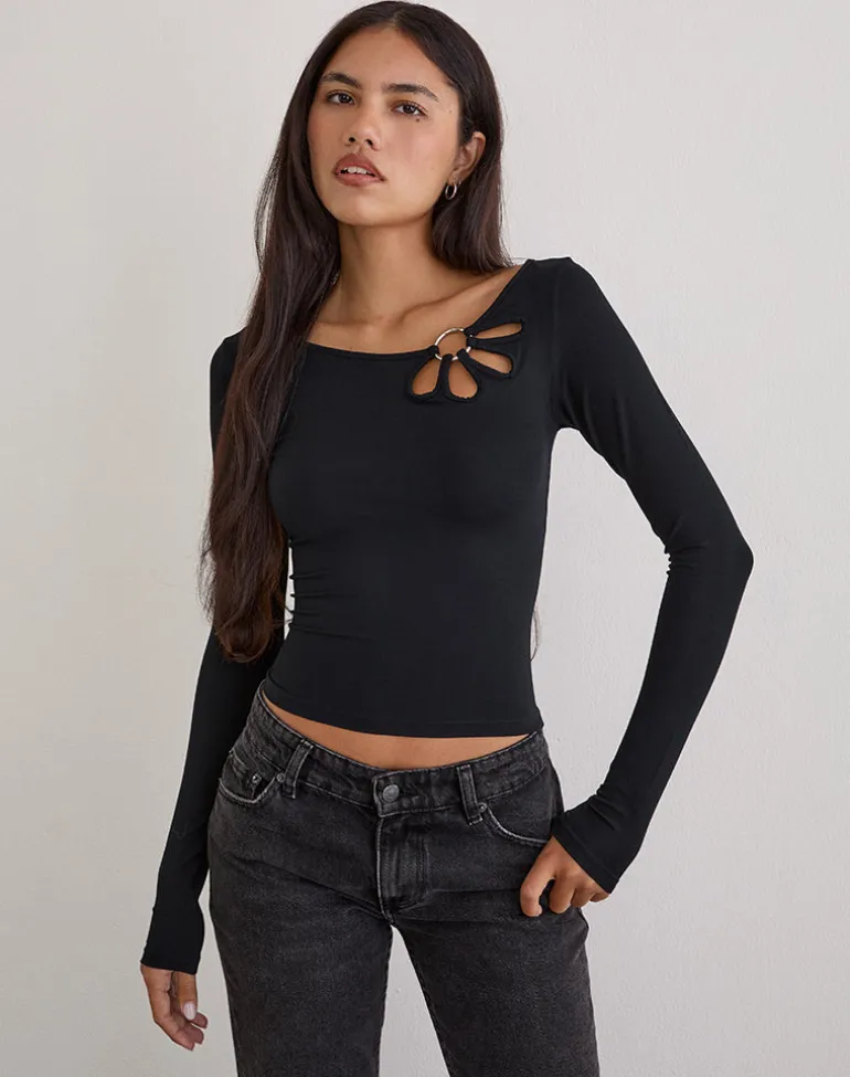 Donela Long Sleeve Top with Flower Ring in Black