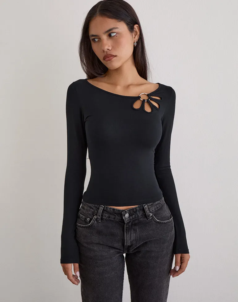 Donela Long Sleeve Top with Flower Ring in Black