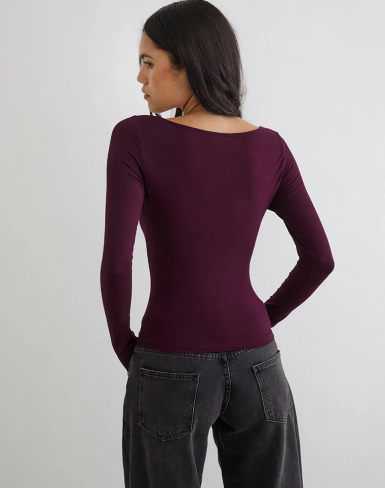 Donela Long Sleeve Top with Flower Ring in Redwood