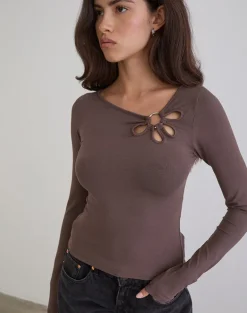 Donela Long Sleeve Top with Flower Ring in Coffee Quartz
