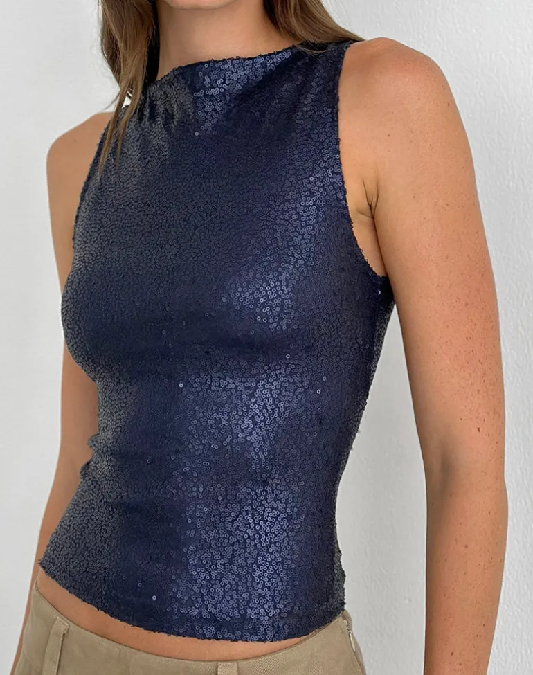 Dudley Vest Top in Drape Sequin Navy