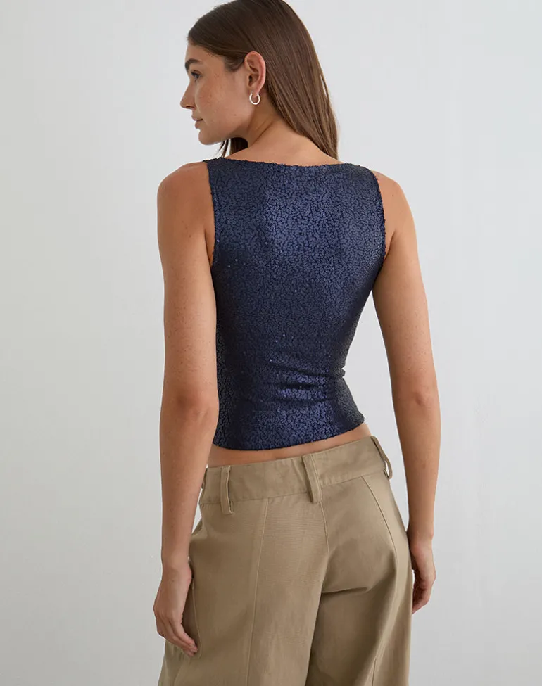 Dudley Vest Top in Drape Sequin Navy