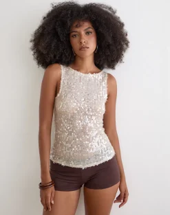 Dudley Vest Top in Sequin Crochet Cream