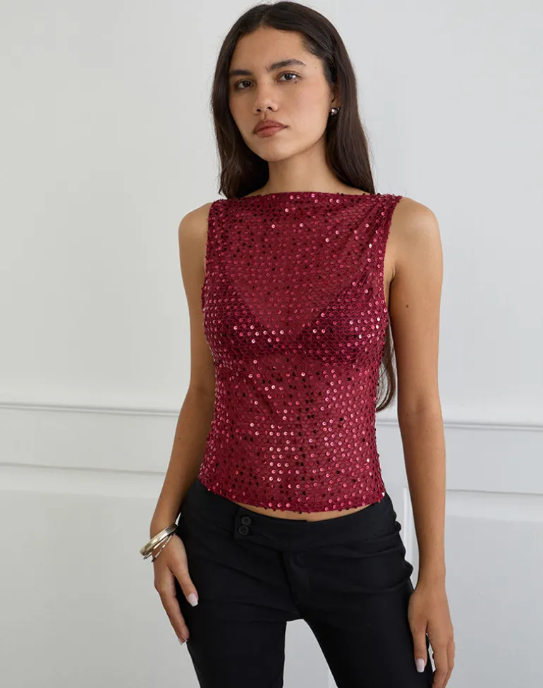 Dudley Vest Top in Sequin Knit Burgundy