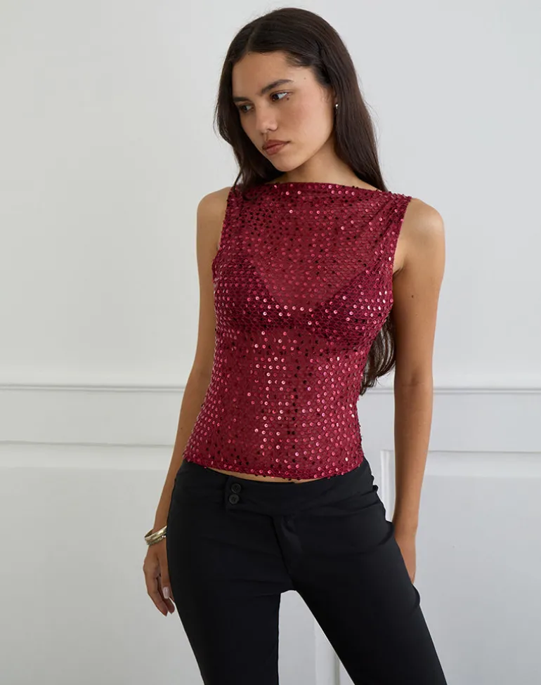 Dudley Vest Top in Sequin Knit Burgundy