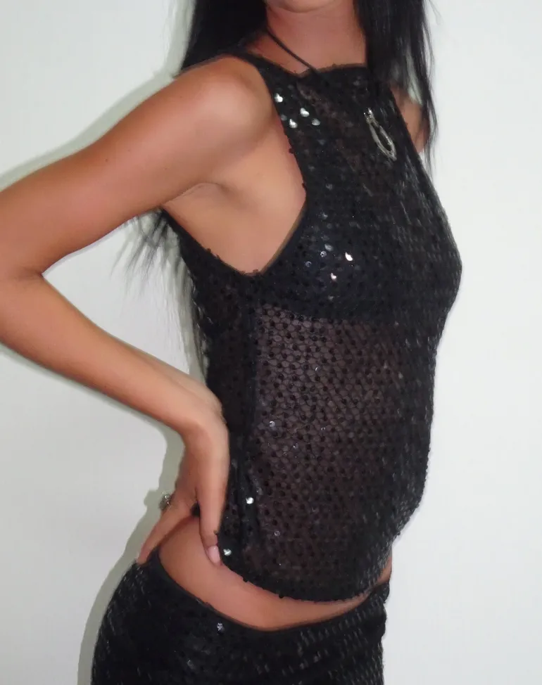 Dudley Vest Top in Sequin Knit Black