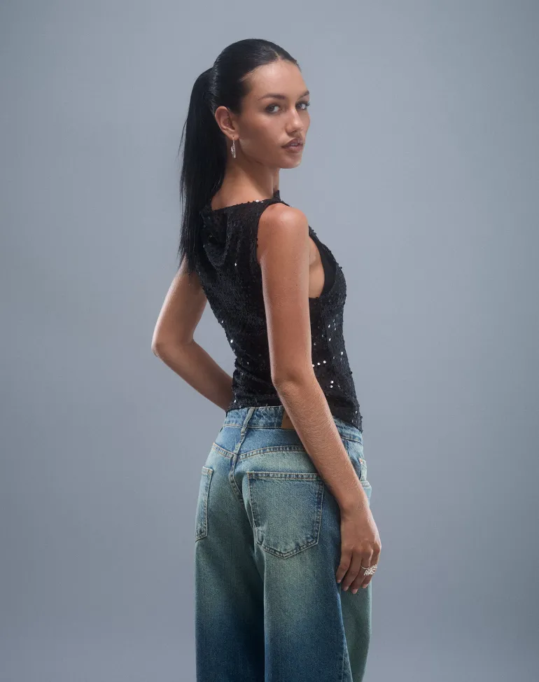 Dudley Vest Top in Sequin Knit Black