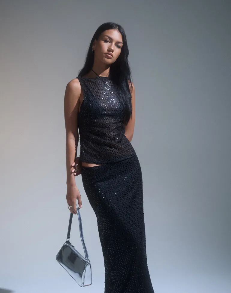 Dudley Vest Top in Sequin Knit Black