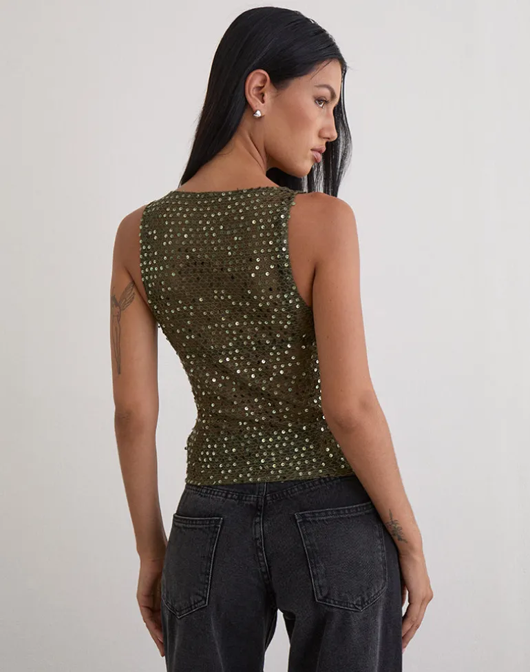 Dudley Vest Top in Sequin Knit Olive