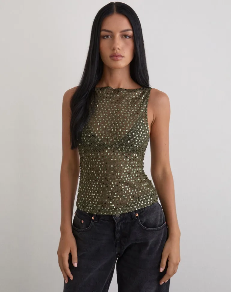 Dudley Vest Top in Sequin Knit Olive