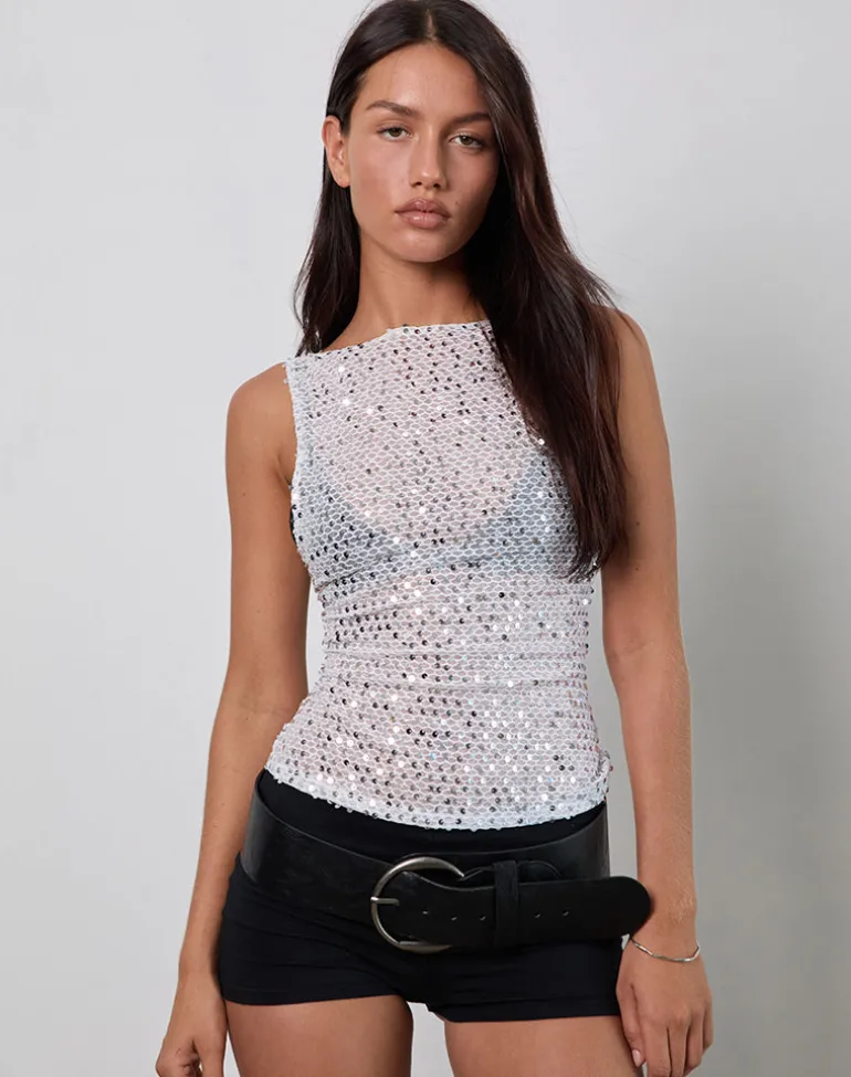 Dudley Vest Top in Sequin Knit Silver