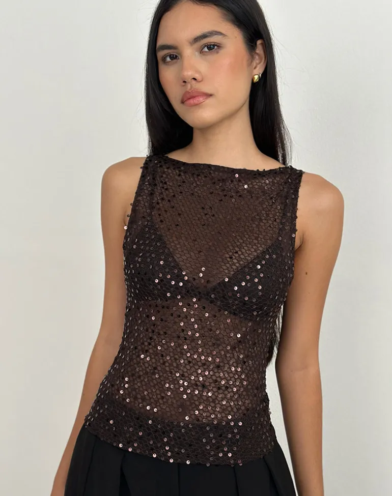 Dudley Vest Top in Sequin Knit Coffee