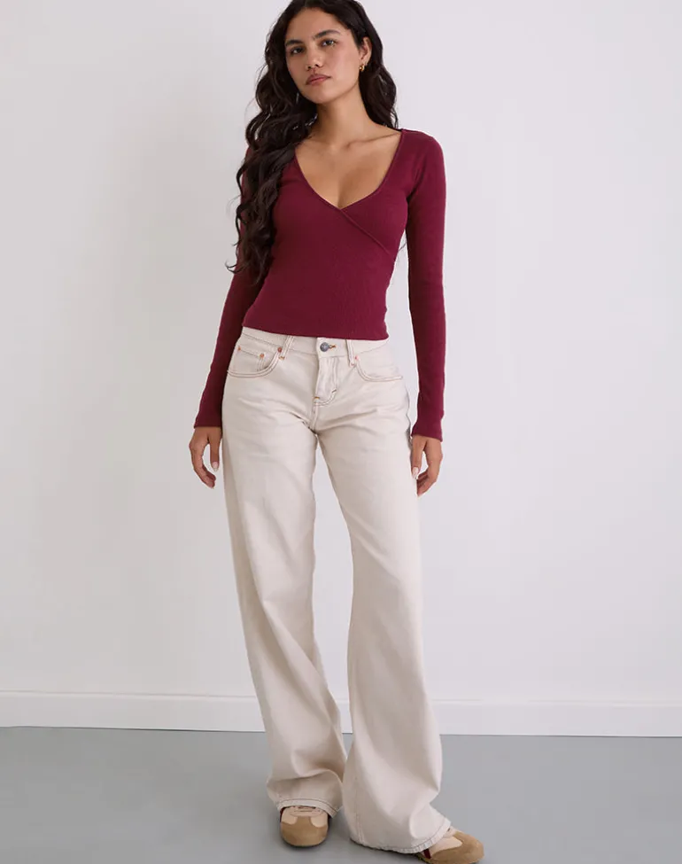 Dulcet Ribbed Plunge Long Sleeve Top in Burgundy
