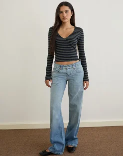 Dulcet Ribbed Plunge Top in Classic Striped Navy and Grey
