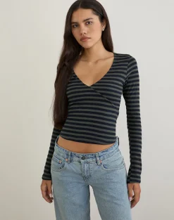 Dulcet Ribbed Plunge Top in Classic Striped Navy and Grey