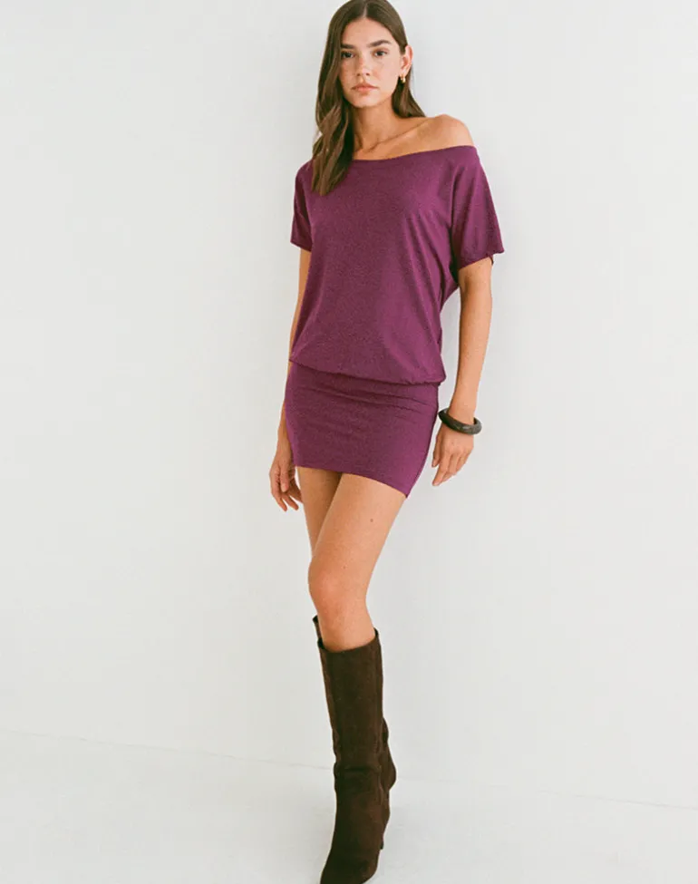 Edwina Off the Shoulder Mini Dress in Deep Purple