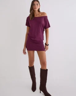 Edwina Off the Shoulder Mini Dress in Deep Purple