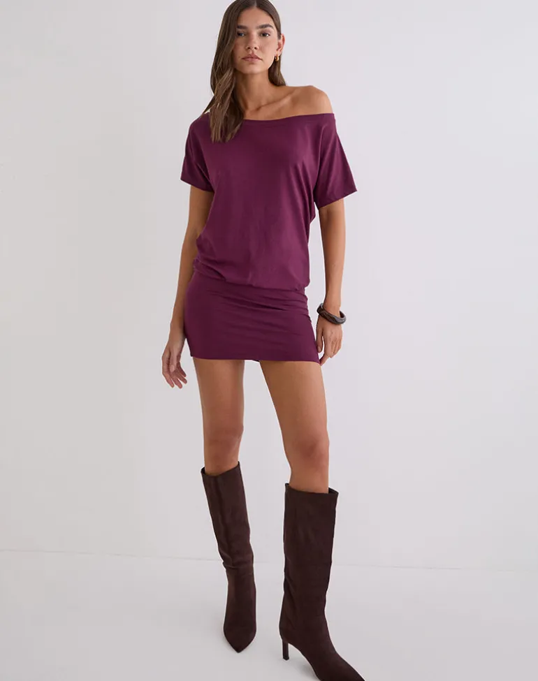 Edwina Off the Shoulder Mini Dress in Deep Purple