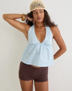 Eldana Halterneck Top in Poplin Ice Blue