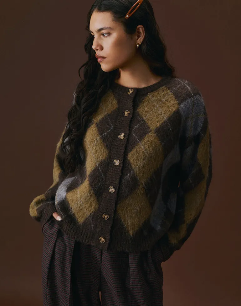 Eliana Cardigan in Knit Argyle Brown