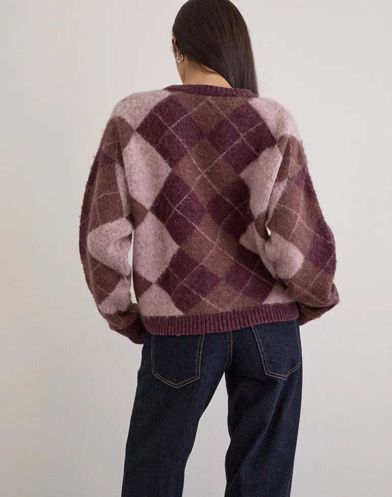 Eliana Cardigan in Knit Argyle Pink