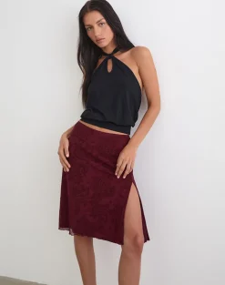 Elif Midi Skirt in Flock Compact Paisley Wine