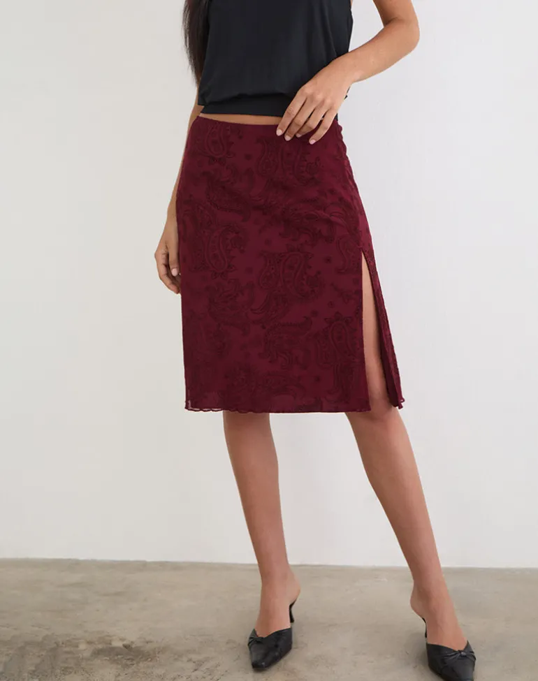 Elif Midi Skirt in Flock Compact Paisley Wine