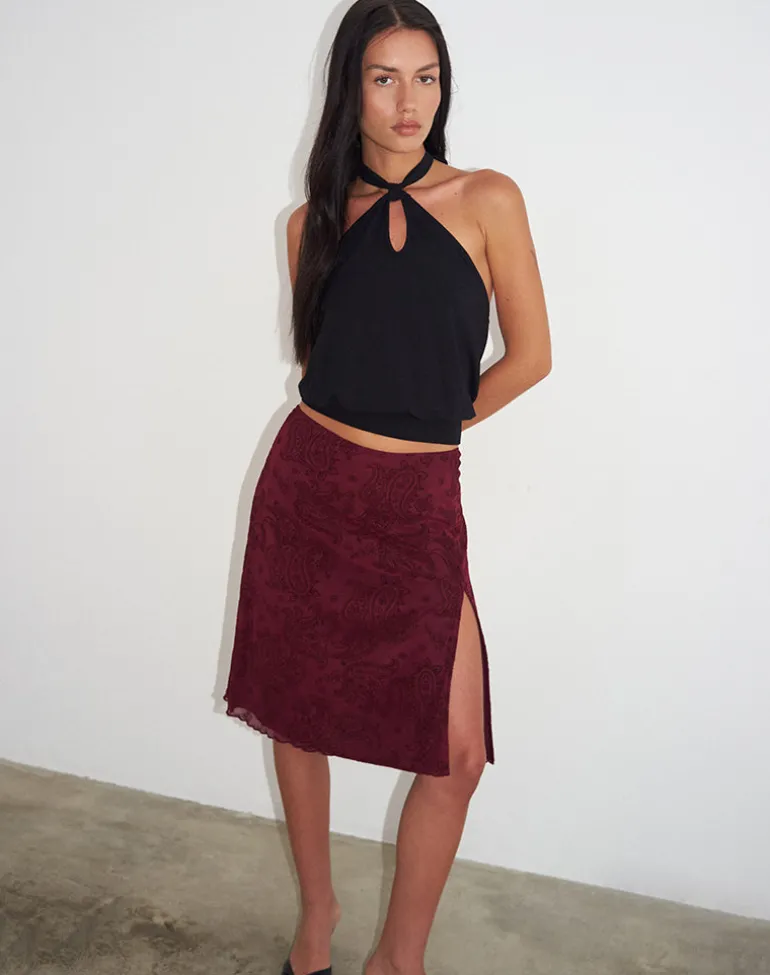 Elif Midi Skirt in Flock Compact Paisley Wine