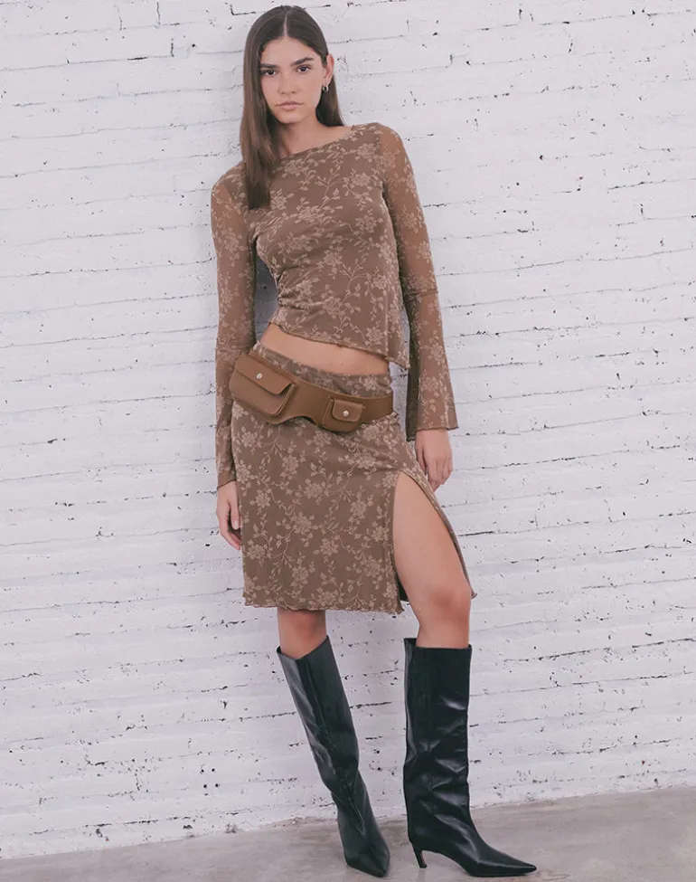 Elif Midi Skirt in Leafy Flock Dark Taupe