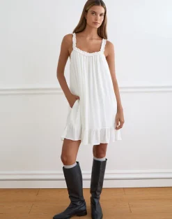 Elowen Frill Mini Dress in Crinkle Off White