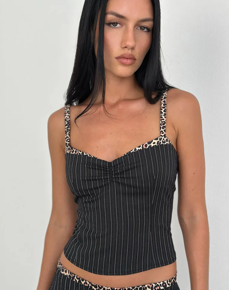 Elsa Top in Pinstripe Black with Leopard Binding