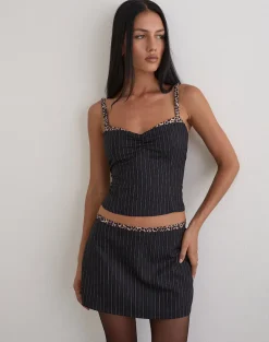 Elsa Top in Pinstripe Black with Leopard Binding