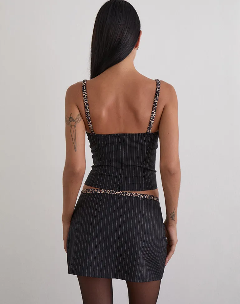 Elsa Top in Pinstripe Black with Leopard Binding