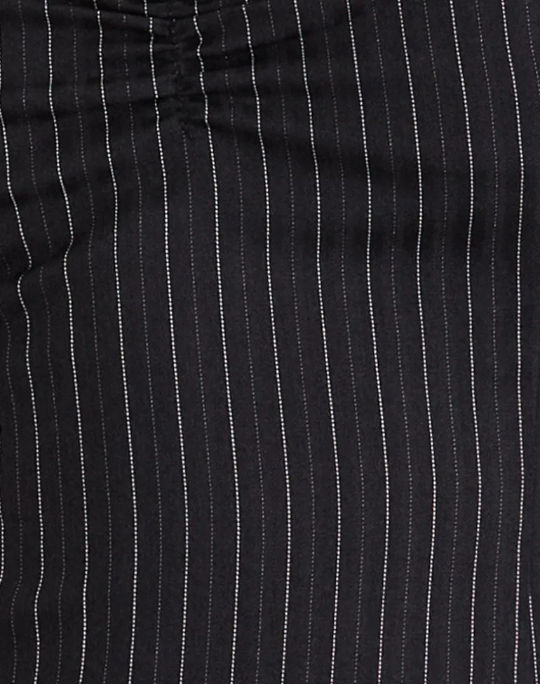 Elsa Top in Pinstripe Black with Leopard Binding