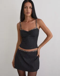 Elsa Top in Pinstripe Black with Leopard Binding