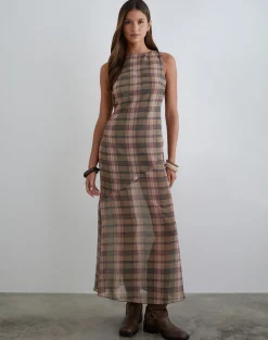 Elska Maxi Dress in Brown and Pink Blurry Check