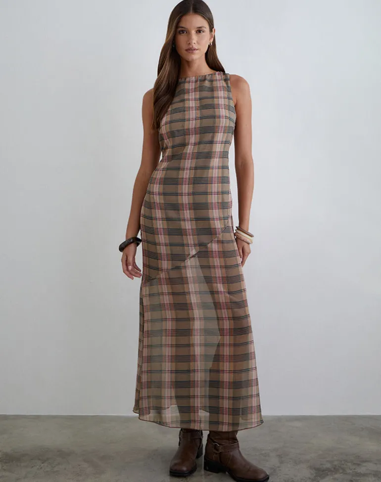 Elska Maxi Dress in Brown and Pink Blurry Check