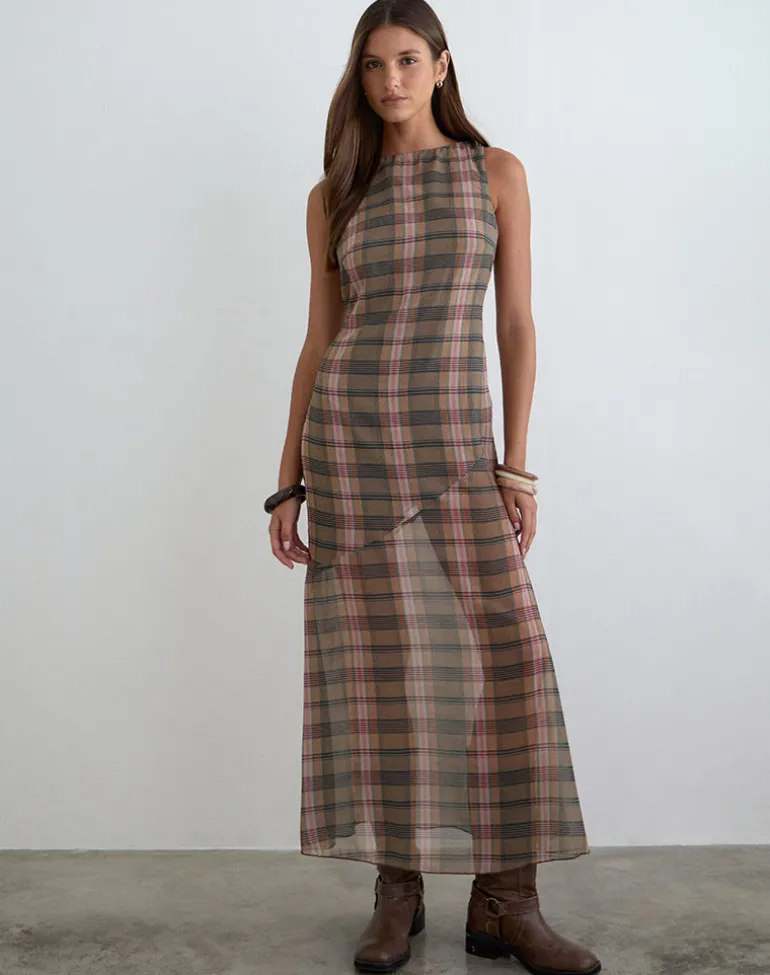 Elska Maxi Dress in Brown and Pink Blurry Check