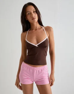Elspe Halter Top in Bitter Chocolate with Light Pink Binding