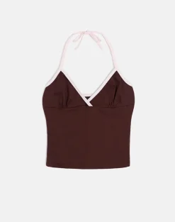 Elspe Halter Top in Bitter Chocolate with Light Pink Binding
